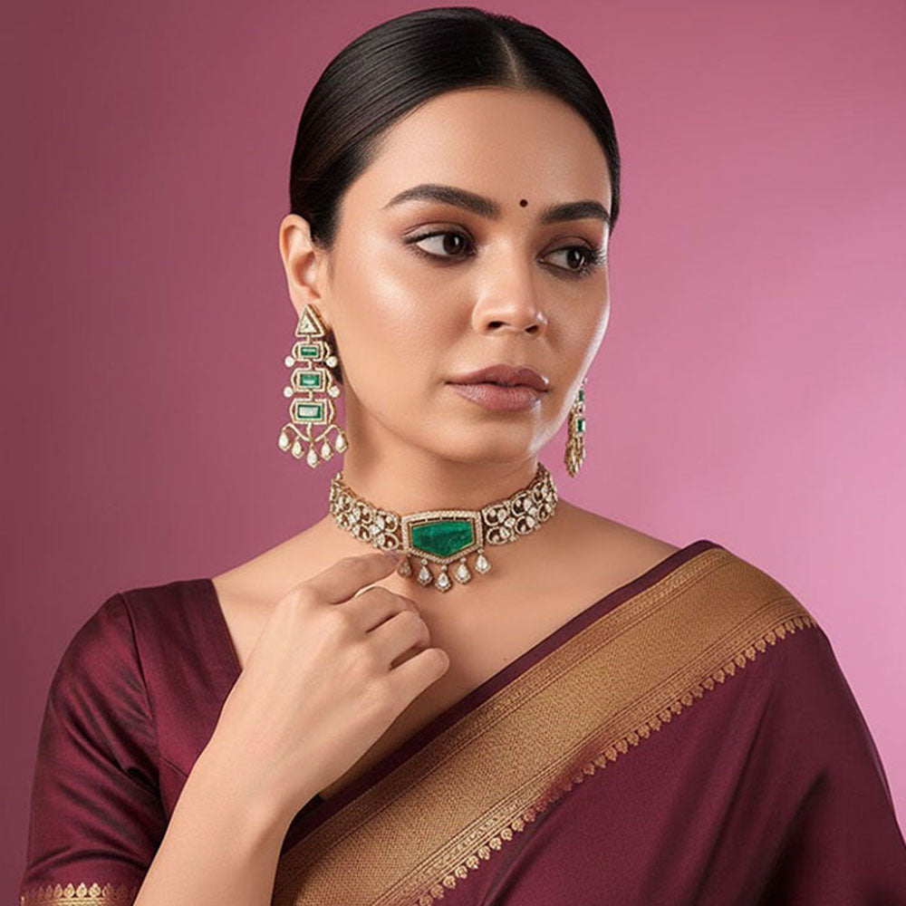 Auraa Trends Statement Green Stone Kundan Choker Jewellery Set