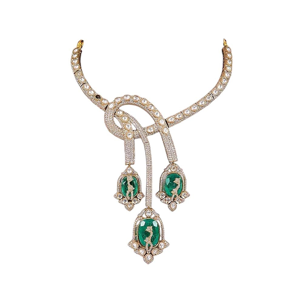 Auraa Trends Designer Emerald Green Enamel and Cz Statement Jewellery Set