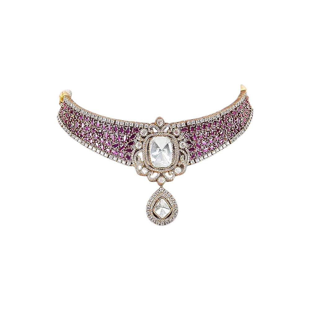 Auraa Trends Royal Pink Cz Kundan-Style Choker Jewellery Set