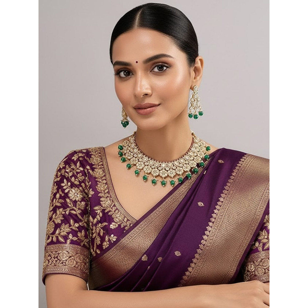 Auraa Trends Traditional Gold-Plated Green Beads Kundan Choker Jewellery Set