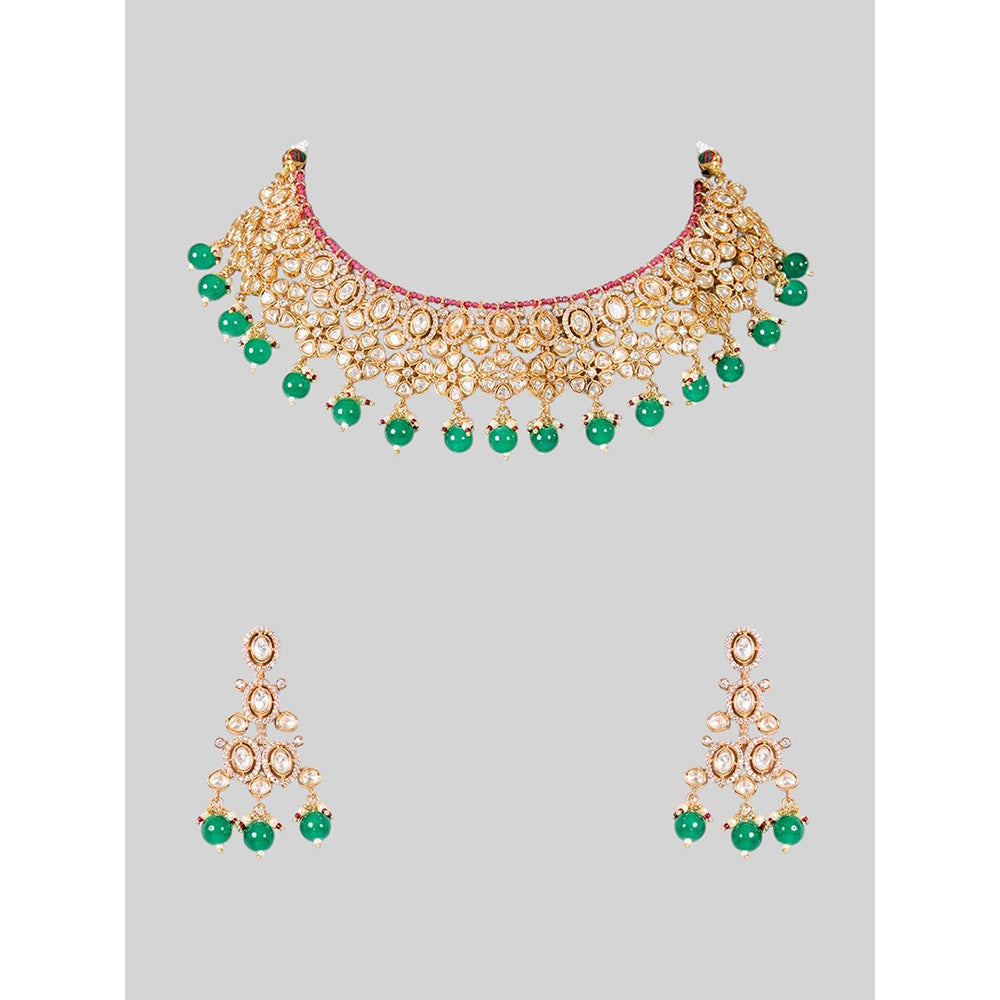 Auraa Trends Traditional Gold-Plated Green Beads Kundan Choker Jewellery Set