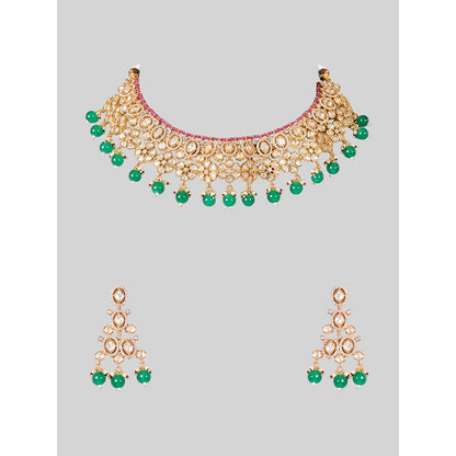 Auraa Trends Traditional Gold-Plated Green Beads Kundan Choker Jewellery Set