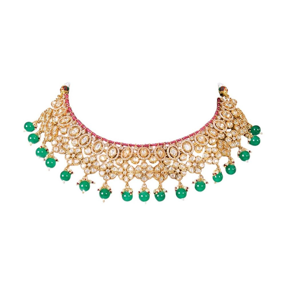 Auraa Trends Traditional Gold-Plated Green Beads Kundan Choker Jewellery Set