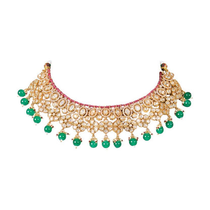 Auraa Trends Traditional Gold-Plated Green Beads Kundan Choker Jewellery Set