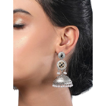 Auraa Trends Oxidized Silver Dome Jhumka Earrings With Pearl Beads And Black Stone