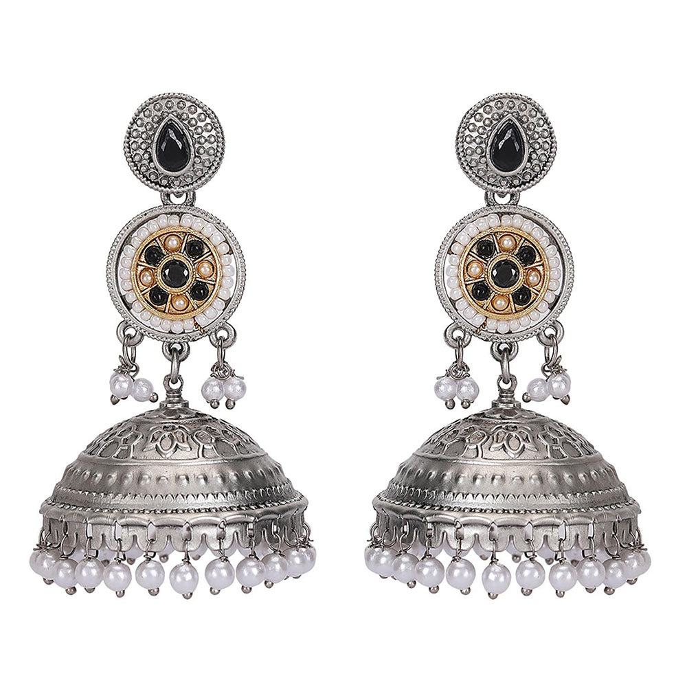 Auraa Trends Oxidized Silver Dome Jhumka Earrings With Pearl Beads And Black Stone