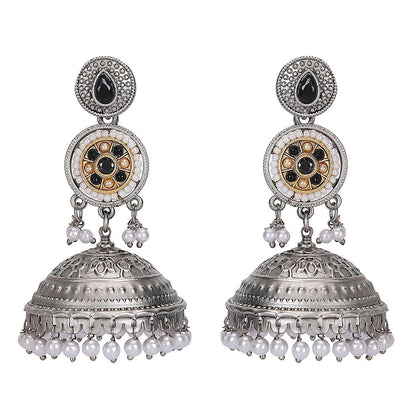 Auraa Trends Oxidized Silver Dome Jhumka Earrings With Pearl Beads And Black Stone