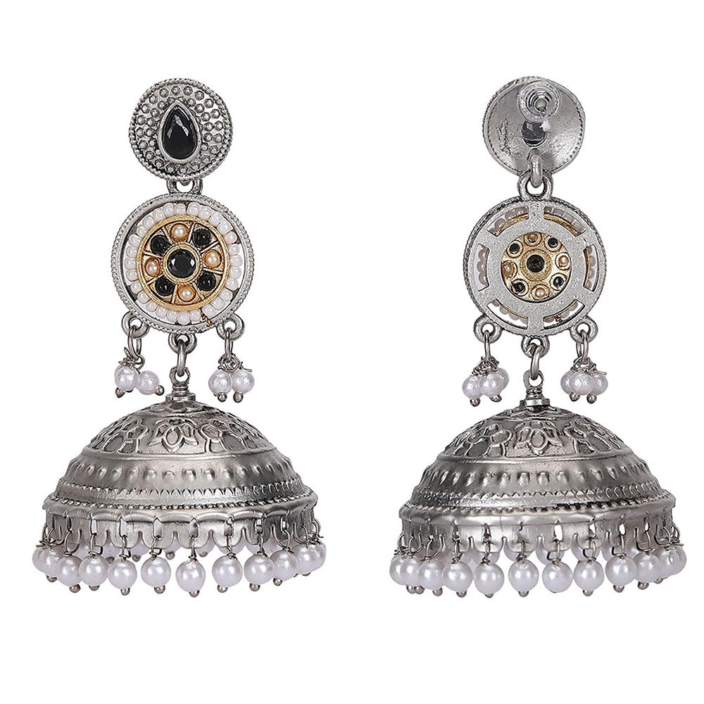 Auraa Trends Oxidized Silver Dome Jhumka Earrings With Pearl Beads And Black Stone