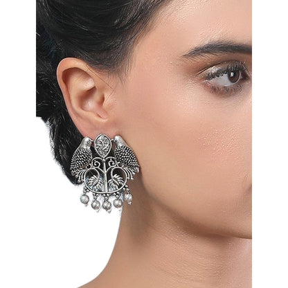 Auraa Trends Oxidized Silver Bird Motif Earrings With Floral Design And Dangling Beads