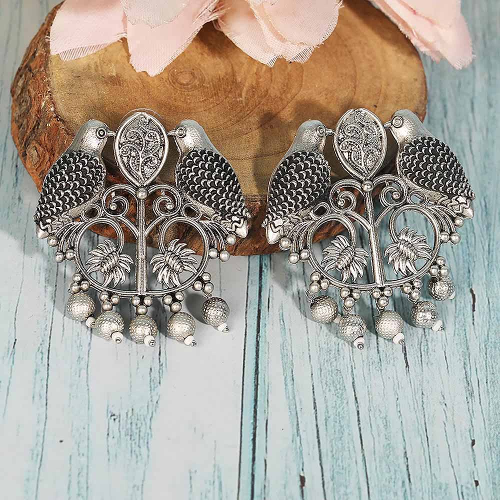 Auraa Trends Oxidized Silver Bird Motif Earrings With Floral Design And Dangling Beads