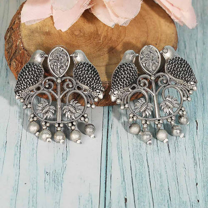 Auraa Trends Oxidized Silver Bird Motif Earrings With Floral Design And Dangling Beads
