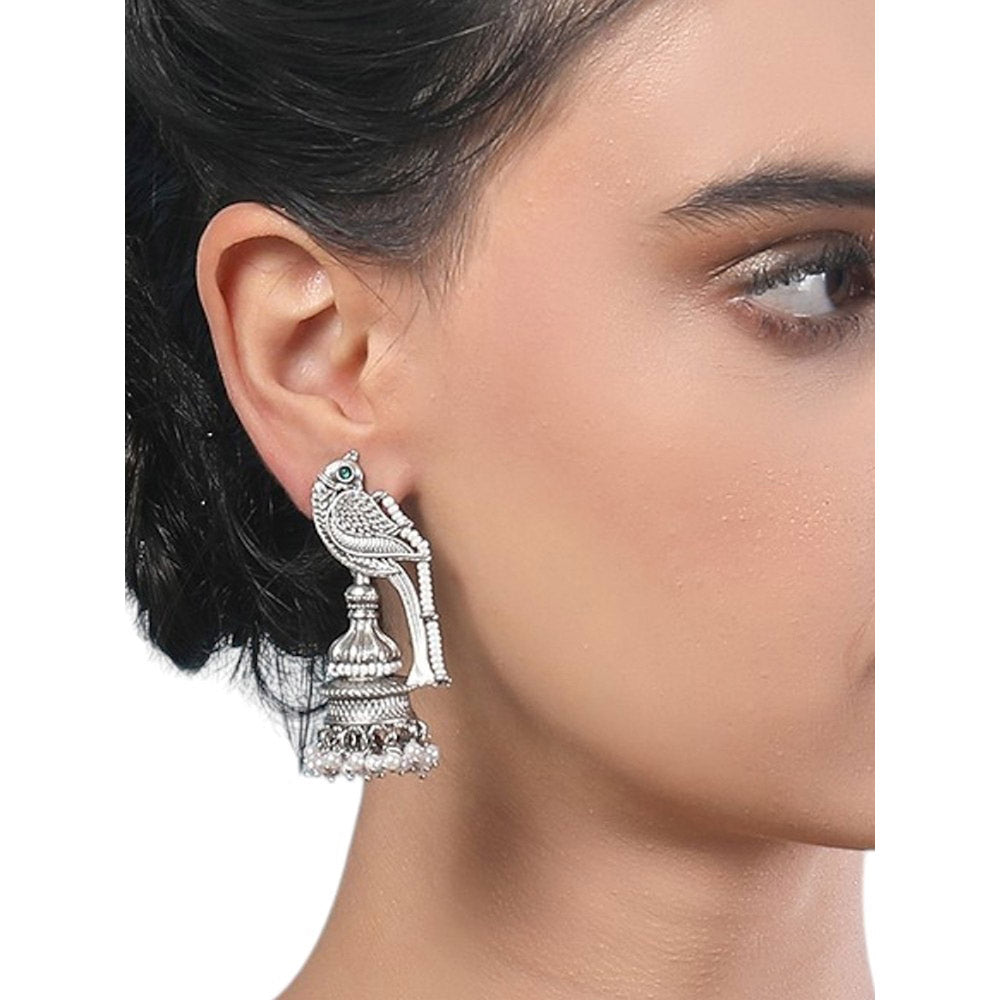 Auraa Trends Oxidized Silver Parrot Motif Jhumka Earrings With White Pearl Beads