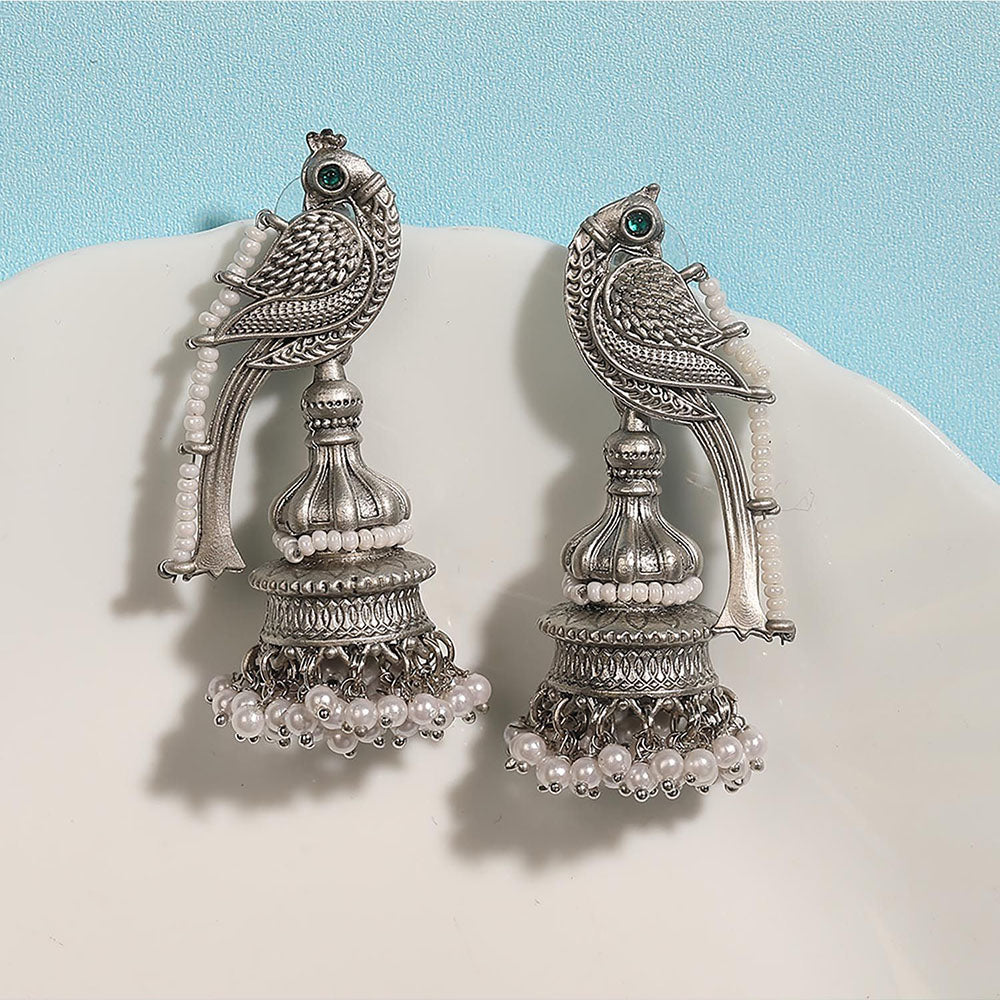 Auraa Trends Oxidized Silver Parrot Motif Jhumka Earrings With White Pearl Beads