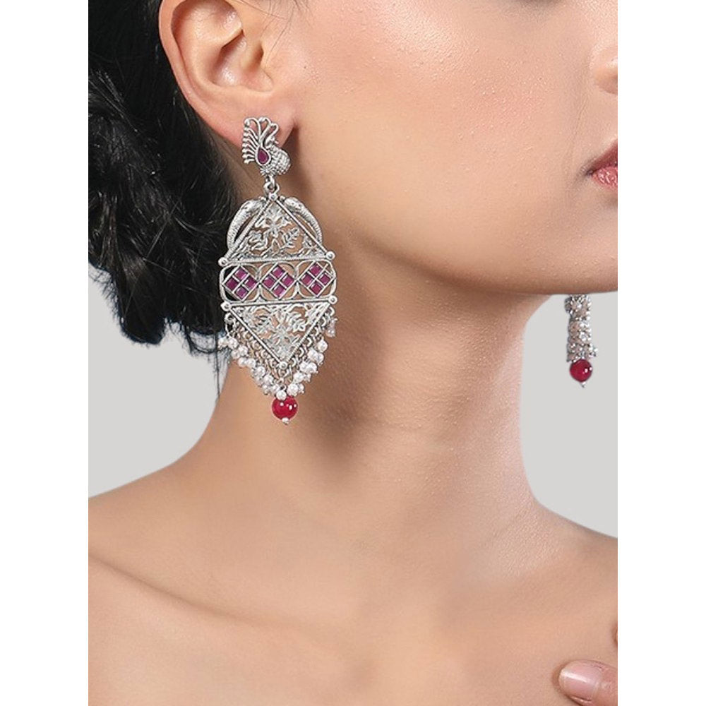 Auraa Trends Oxidized Silver Peacock Motif Mirror Work Earrings With Pearl And Bead Danglers