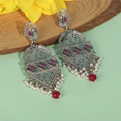 Auraa Trends Oxidized Silver Peacock Motif Mirror Work Earrings With Pearl And Bead Danglers