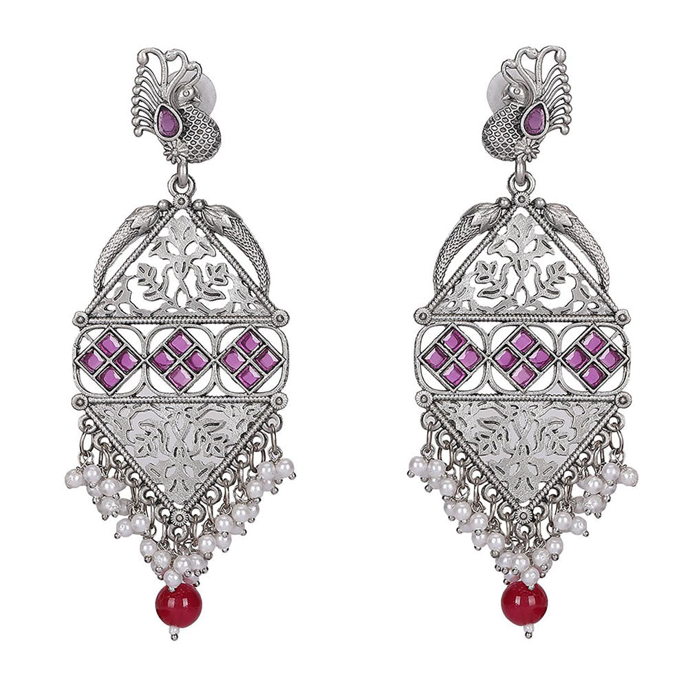Auraa Trends Oxidized Silver Peacock Motif Mirror Work Earrings With Pearl And Bead Danglers