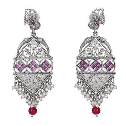 Auraa Trends Oxidized Silver Peacock Motif Mirror Work Earrings With Pearl And Bead Danglers
