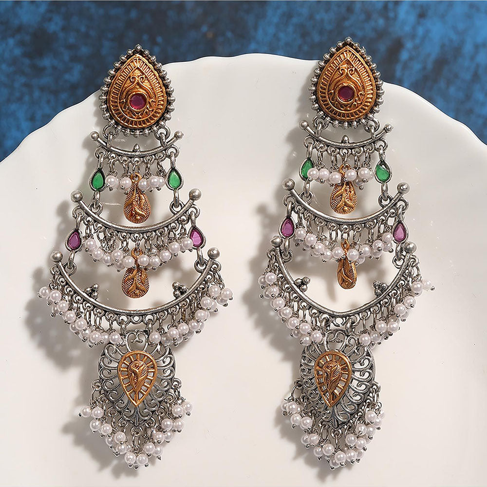 Auraa Trends Antique Oxidized Silver Multi-Layer Pearl And Kundan Chandbali Earrings For Women