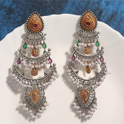 Auraa Trends Antique Oxidized Silver Multi-Layer Pearl And Kundan Chandbali Earrings For Women