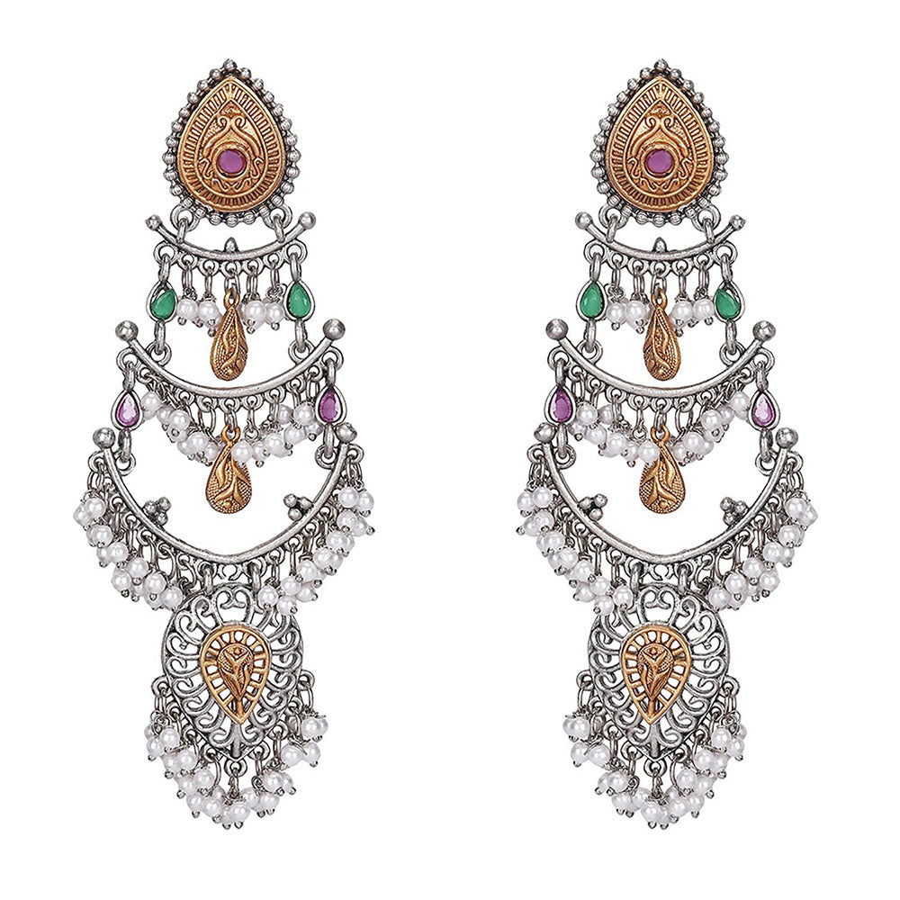 Auraa Trends Antique Oxidized Silver Multi-Layer Pearl And Kundan Chandbali Earrings For Women
