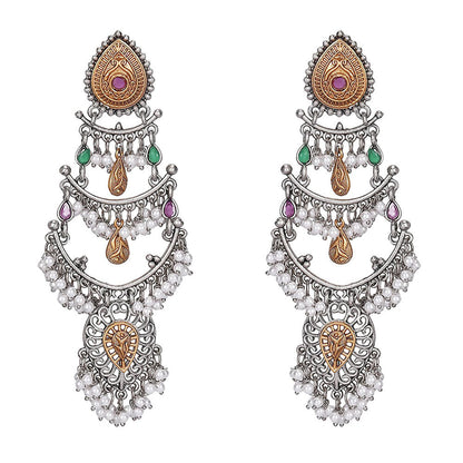 Auraa Trends Antique Oxidized Silver Multi-Layer Pearl And Kundan Chandbali Earrings For Women