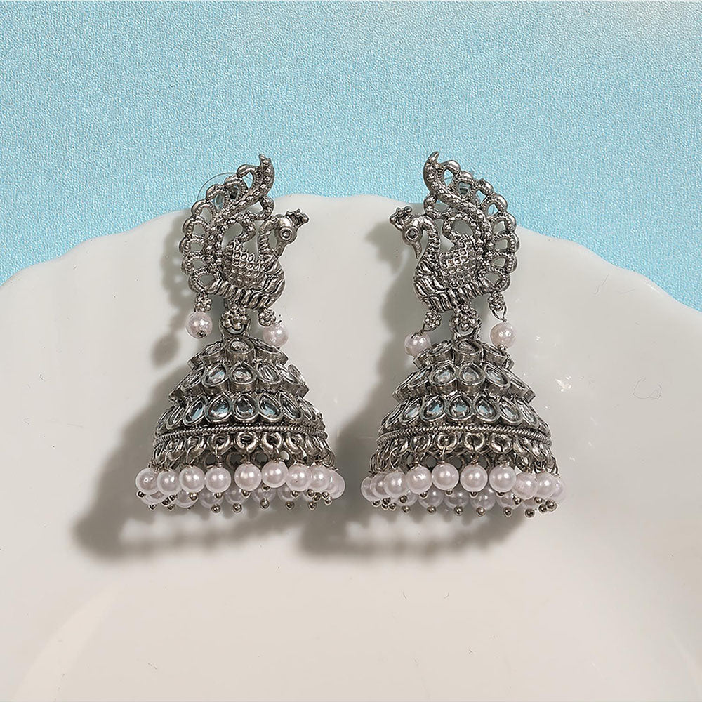 Auraa Trends Peacock Design Oxidized Silver Jhumka Earrings With Mirror And Pearl Detailing