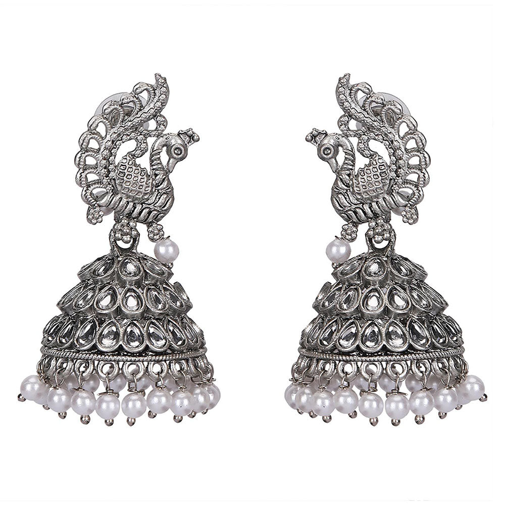 Auraa Trends Peacock Design Oxidized Silver Jhumka Earrings With Mirror And Pearl Detailing