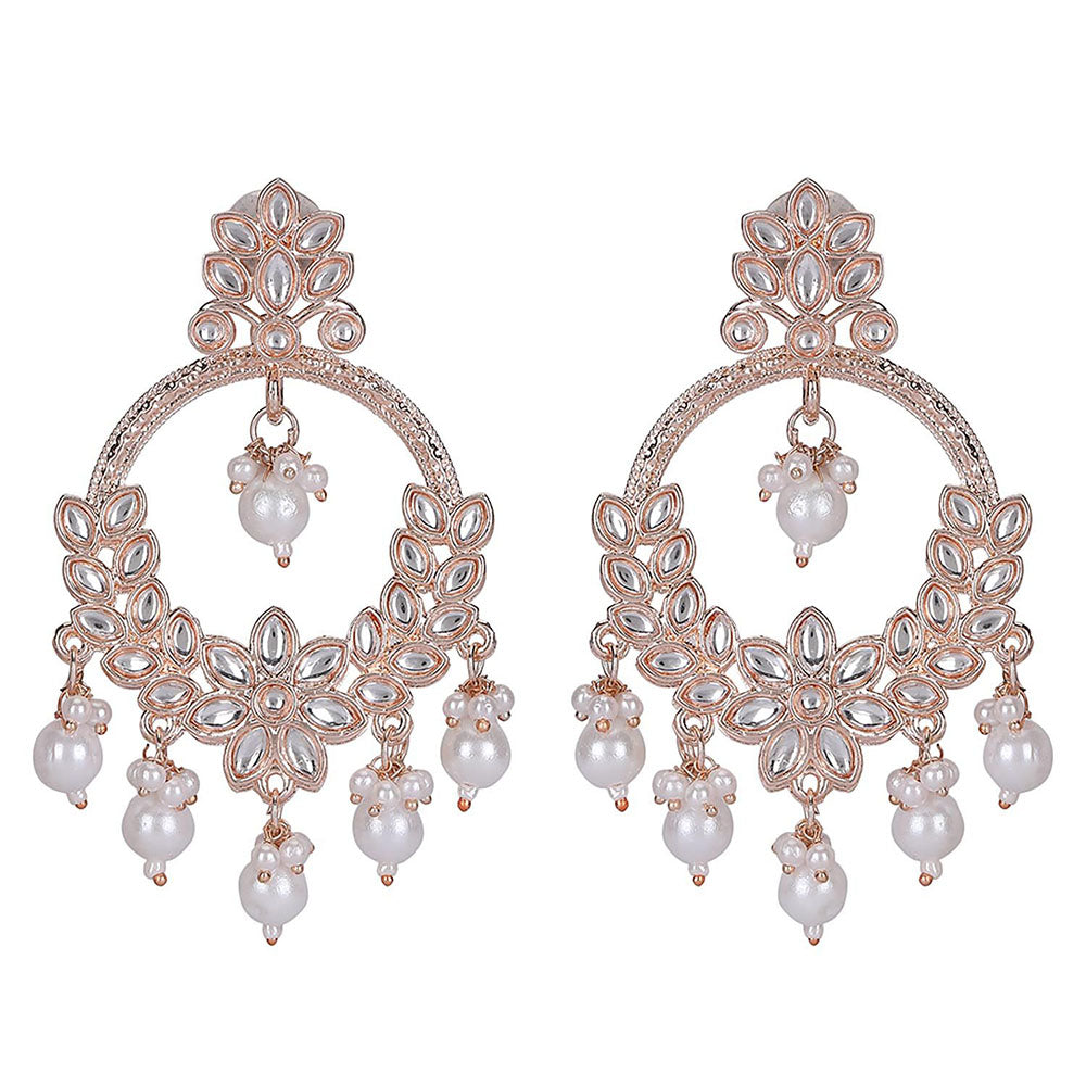 Auraa Trends Rose Gold Plated Floral Kundan And Pearl Earrings For Women