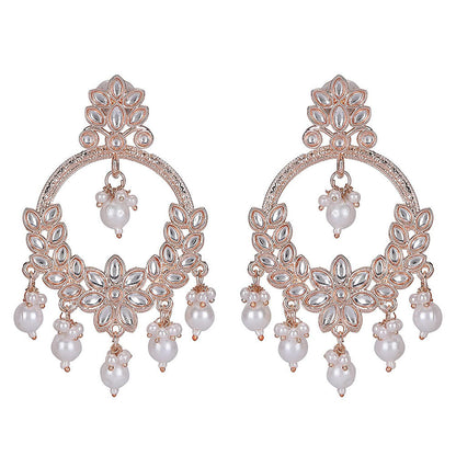 Auraa Trends Rose Gold Plated Floral Kundan And Pearl Earrings For Women