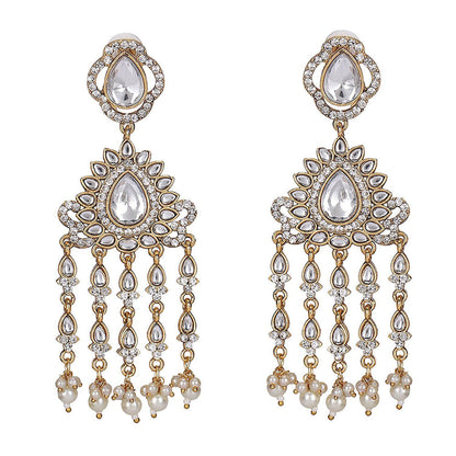 Auraa Trends Royal Gold-Plated Kundan And Pearl Long Dangler Earrings For Women