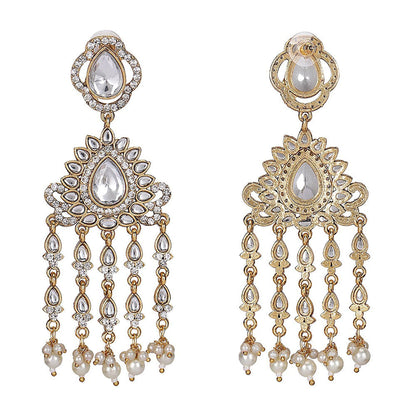 Auraa Trends Royal Gold-Plated Kundan And Pearl Long Dangler Earrings For Women