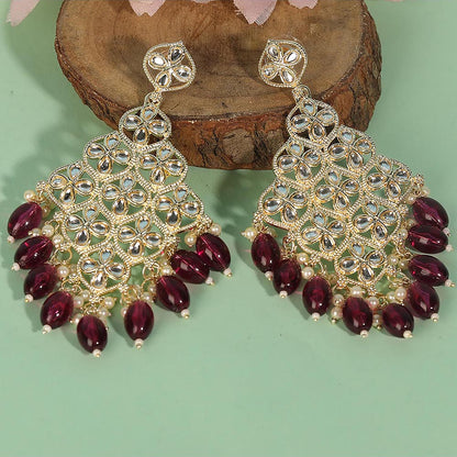 Auraa Trends Kundan Floral Chandelier Earrings With Maroon Beads And Pearls