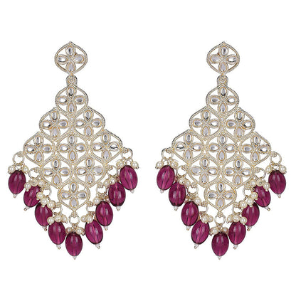 Auraa Trends Kundan Floral Chandelier Earrings With Maroon Beads And Pearls