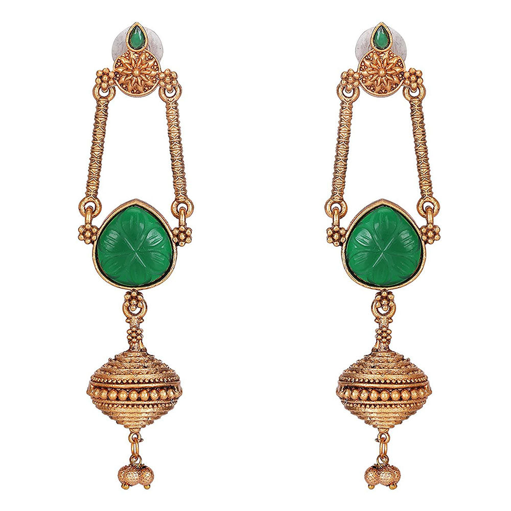 Auraa Trends Traditional Green Stone Long Dangler Earrings With Antique Gold Finish