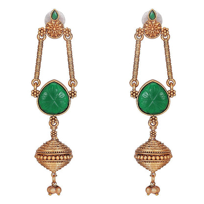 Auraa Trends Traditional Green Stone Long Dangler Earrings With Antique Gold Finish