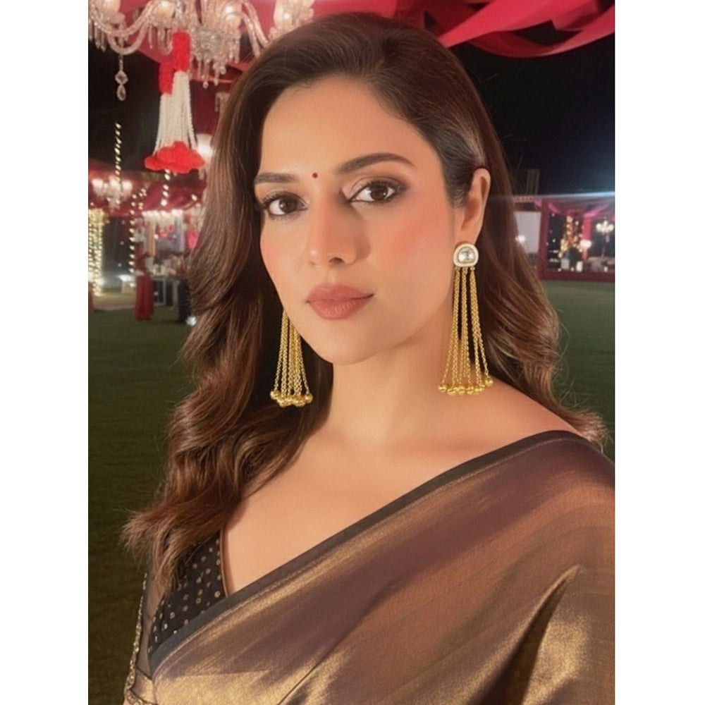 Auraa Trends Gold-Plated Chandelier Earrings with Crystal Detailing and Tassel Design