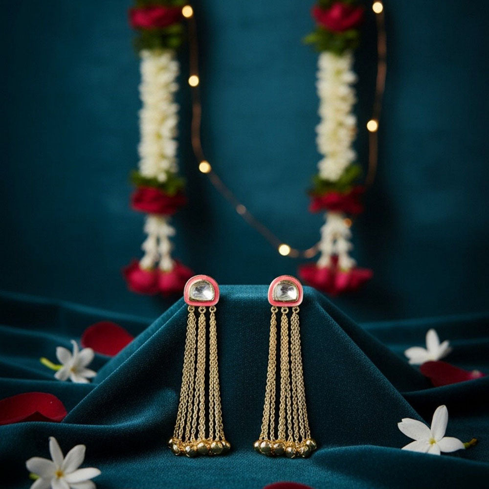 Auraa Trends Elegant Gold-Plated Drop Earrings with Multi-Layered Chains and Kundan Embellishments