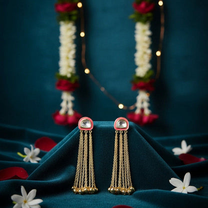 Auraa Trends Elegant Gold-Plated Drop Earrings with Multi-Layered Chains and Kundan Embellishments
