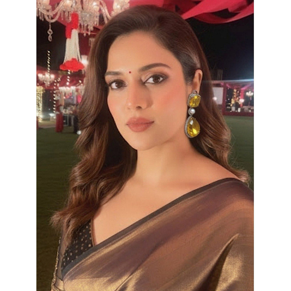 Auraa Trends Elegant Yellow Citrine Drop Earrings with Pearls and Silver Tone Detailing