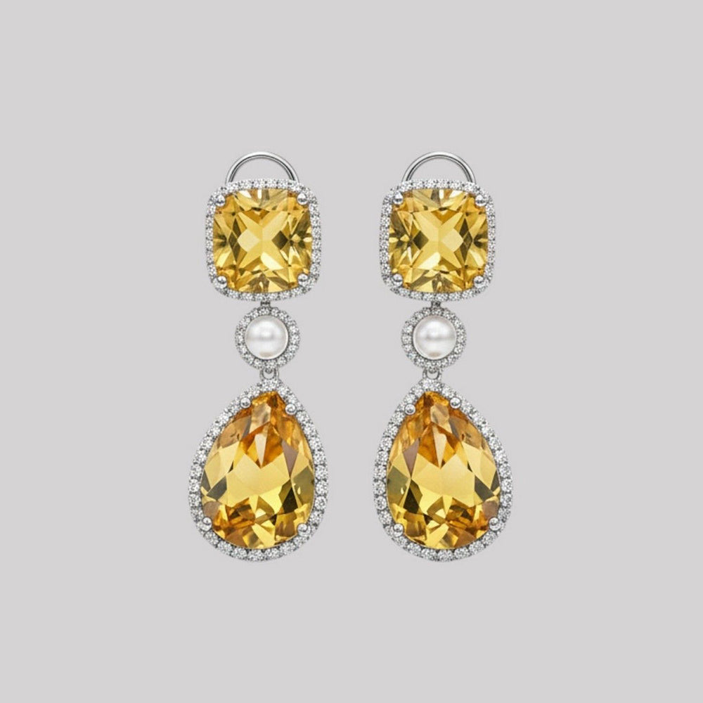 Auraa Trends Elegant Yellow Citrine Drop Earrings with Pearls and Silver Tone Detailing