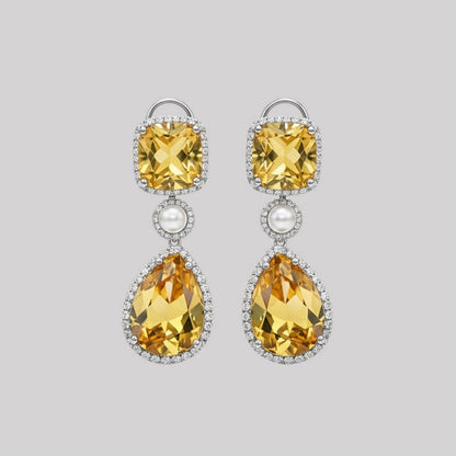 Auraa Trends Elegant Yellow Citrine Drop Earrings with Pearls and Silver Tone Detailing