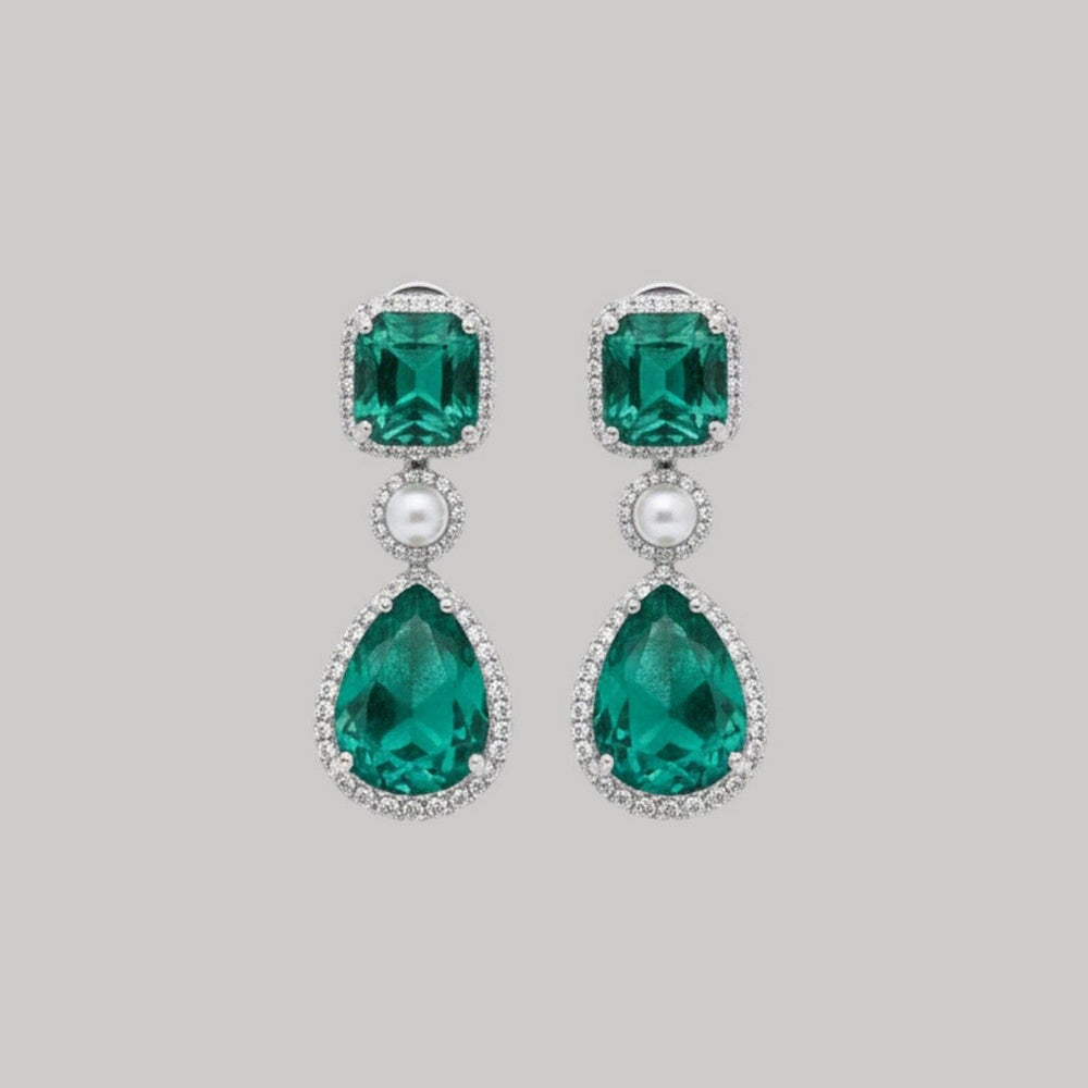 Auraa Trends Elegant Emerald Green Drop Earrings with Pearls and Silver Tone Detailing