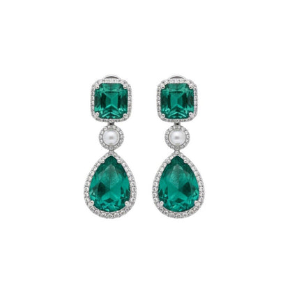 Auraa Trends Elegant Emerald Green Drop Earrings with Pearls and Silver Tone Detailing