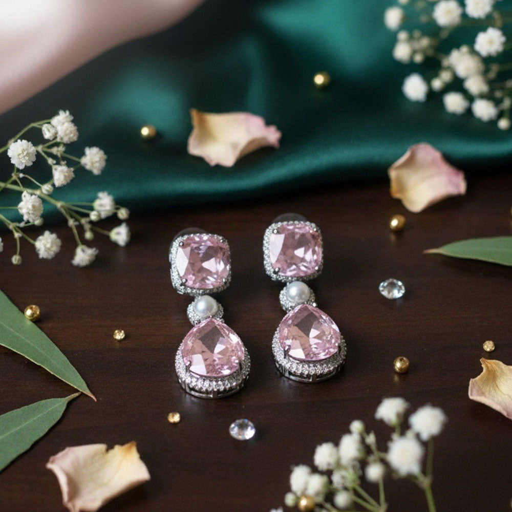 Auraa Trends Elegant Pink Stone Drop Earrings with Pearl Accent