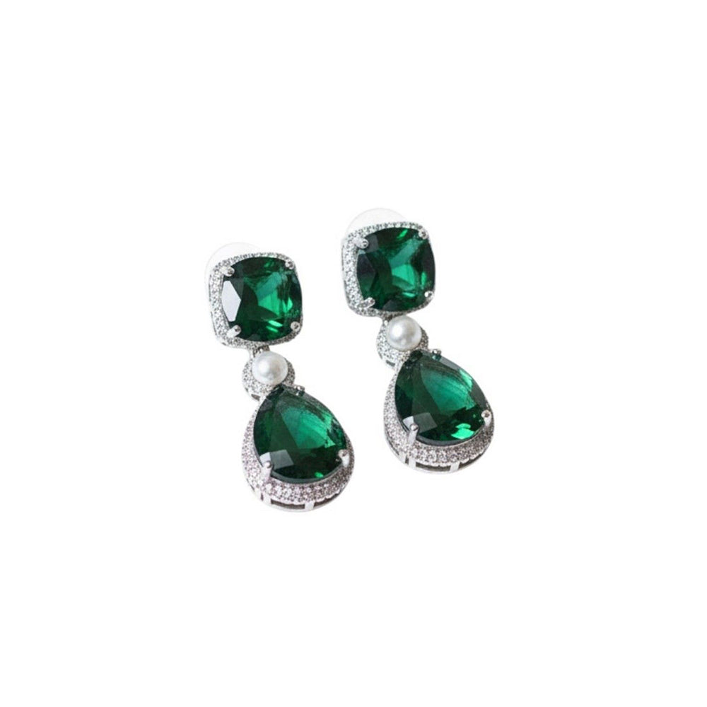 Auraa Trends Elegant Green Stone Drop Earrings with Pearl Accent