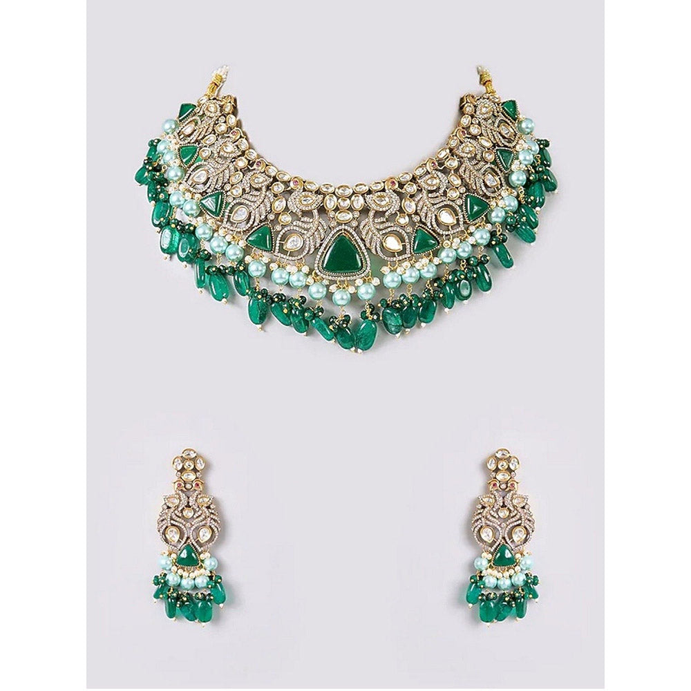 Auraa Trends Elegant Green Gemstone and Pearl Traditional Jewellery Set