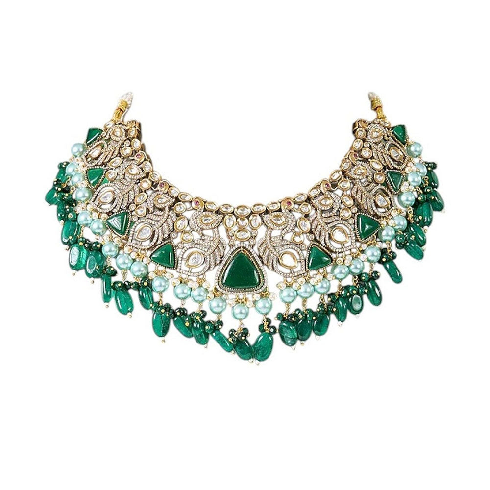 Auraa Trends Elegant Green Gemstone and Pearl Traditional Jewellery Set