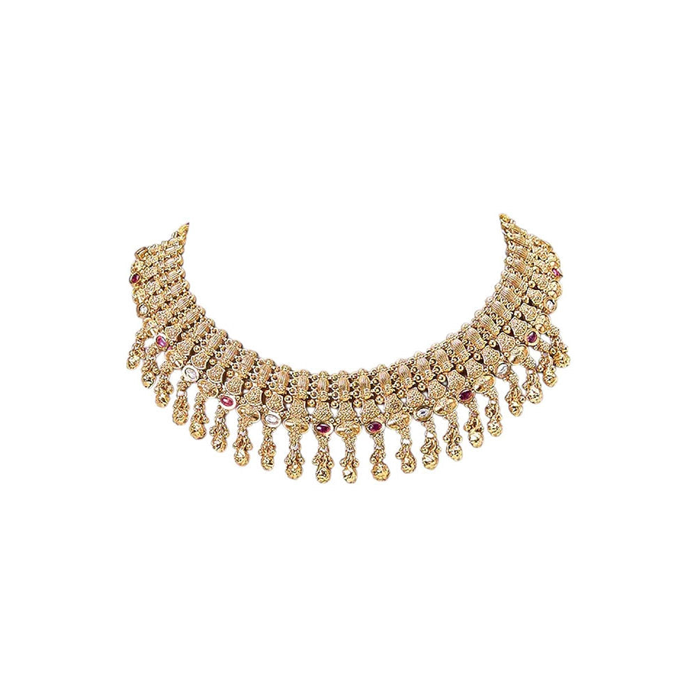 Auraa Trends Pink Antique Gold-Plated Temple Choker Jewellery Set