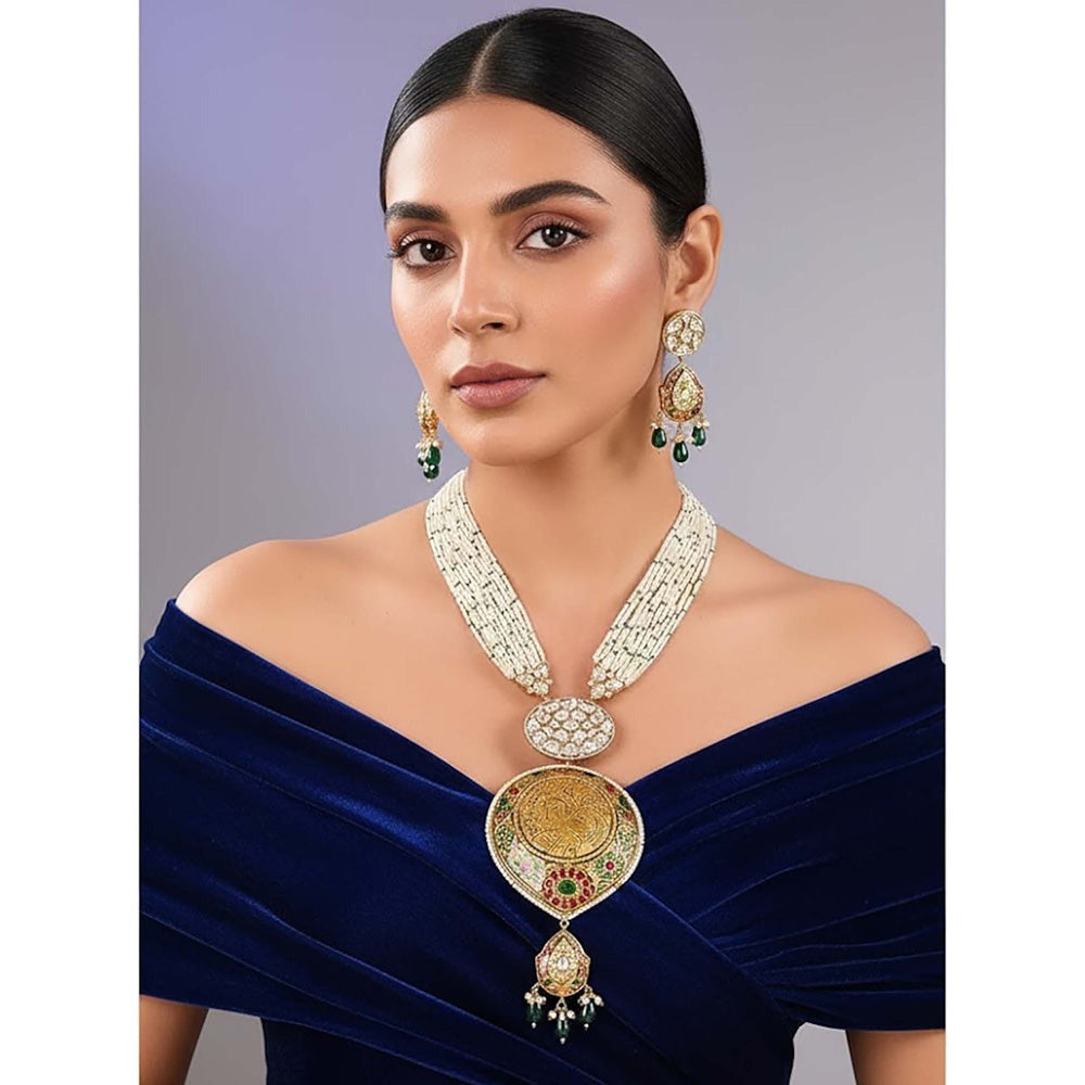 Auraa Trends Gold-Plated Meenakari Jewellery Set with Green Beads and Coin Pendant for Women