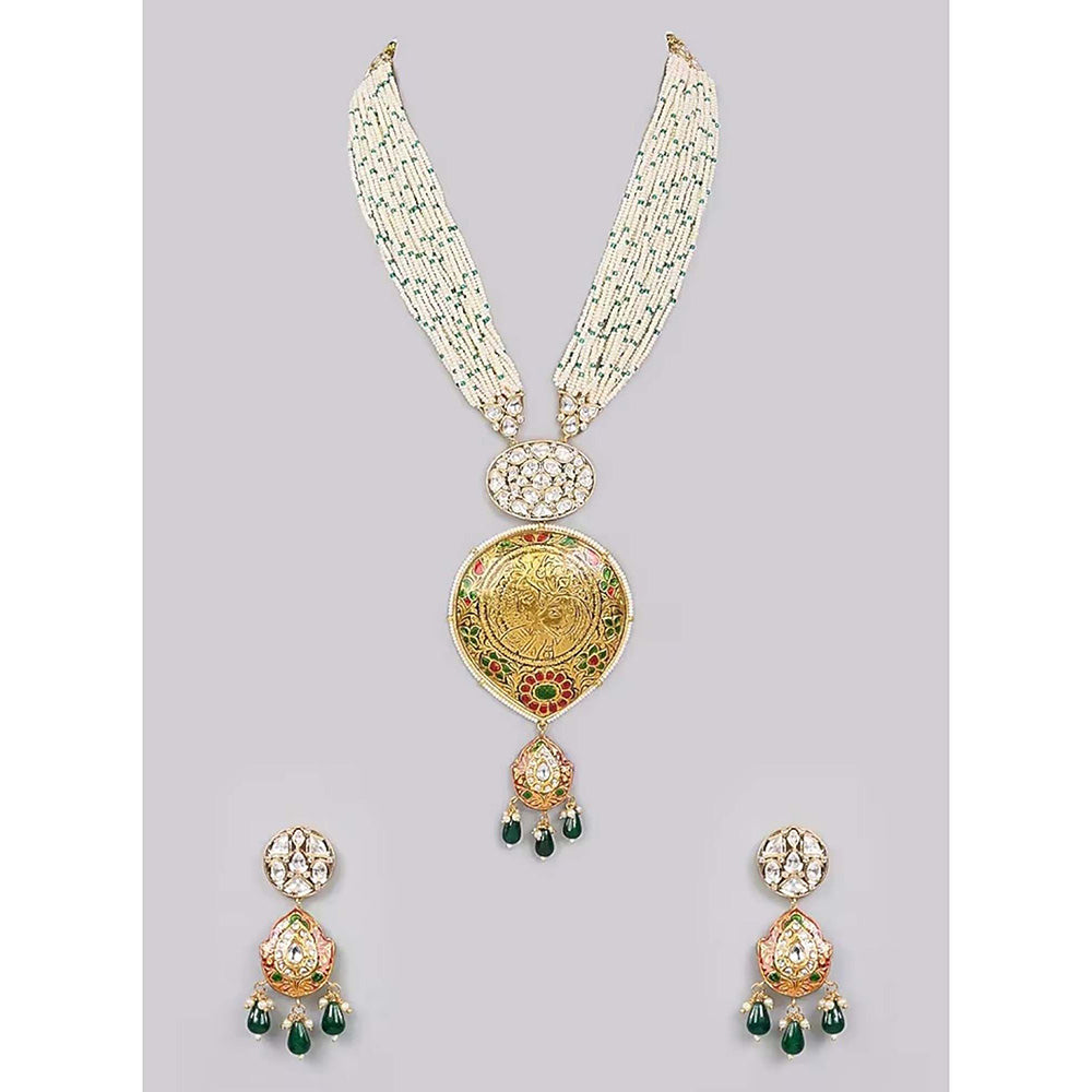 Auraa Trends Gold-Plated Meenakari Jewellery Set with Green Beads and Coin Pendant for Women